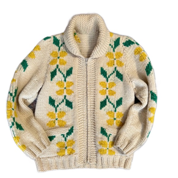 Sweaters - Vintage 1960 Cowichan Wool Knit Cardigan with Yellow and Green Design